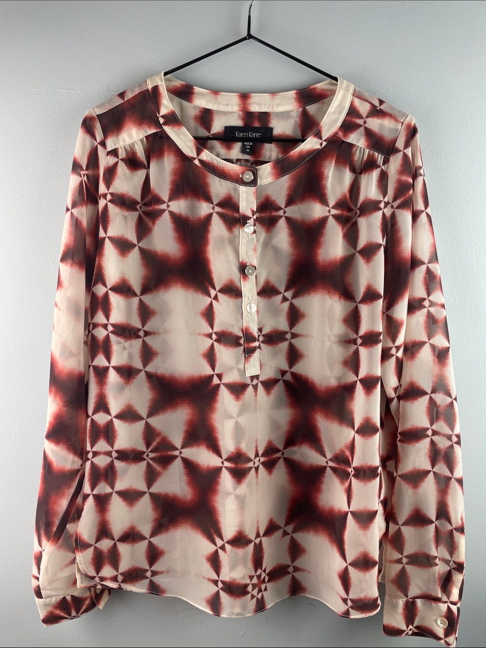 Karen Kane Red and Cream Geometric Henley Sheer Blouse Size M